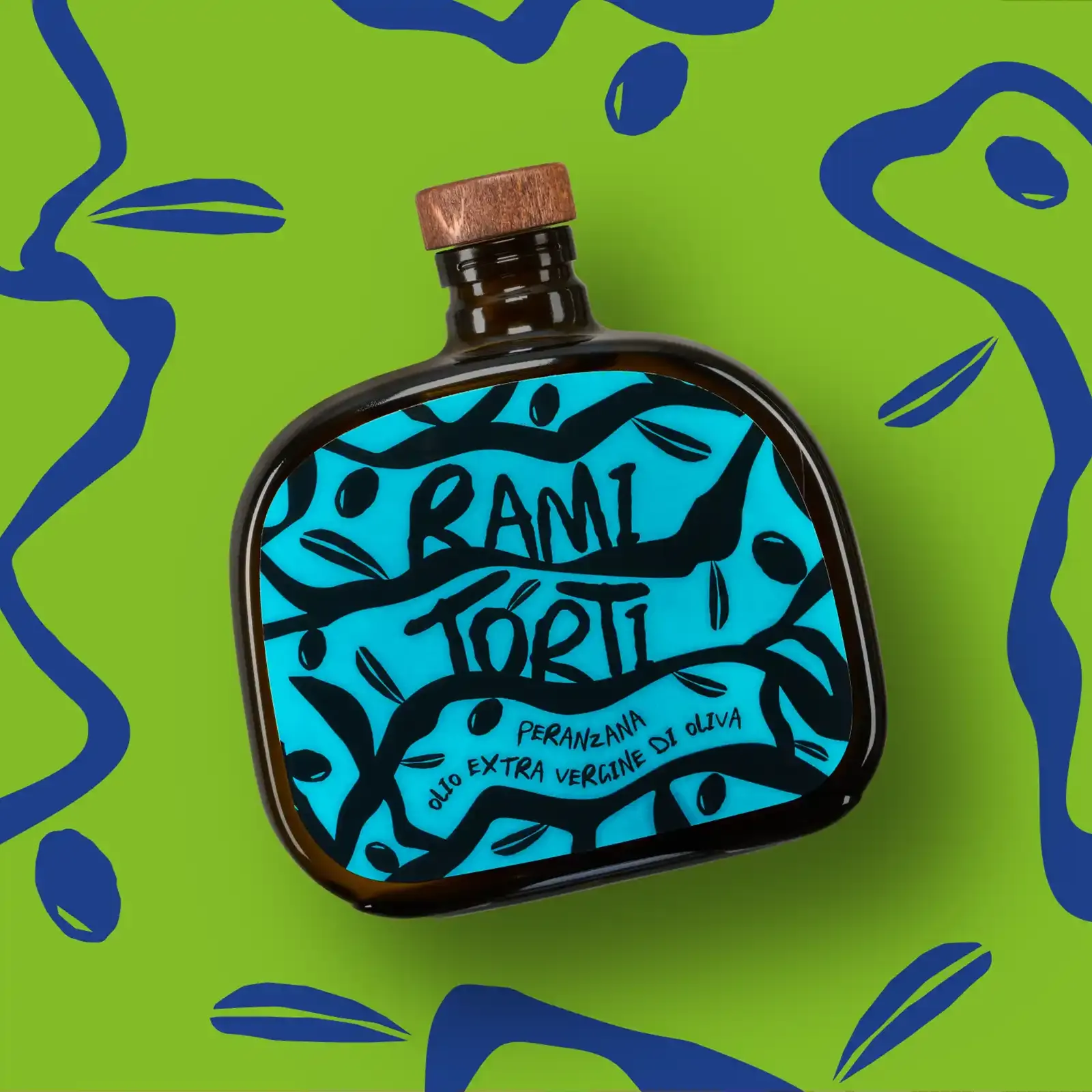 Design etichetta olio Peranzana Rami Torti – cromie brillanti e vetro UVAG